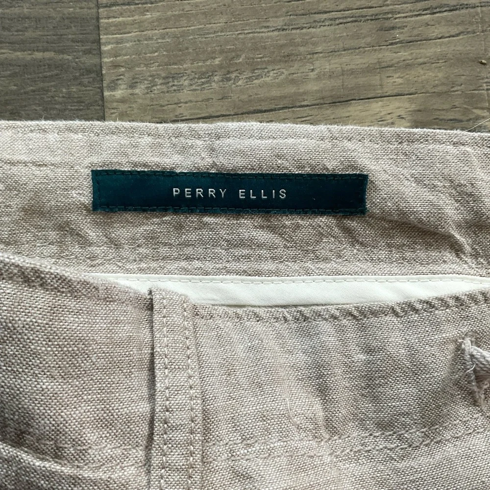 36x32 NWT Perry Ellis Linen Blend Pants Mens Khaki Light Tan Button Fly Drawcord